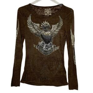 Velvet Stone Chocolate Brown Y2K 90s Tee M Rhinestone Winged Heart Graphic